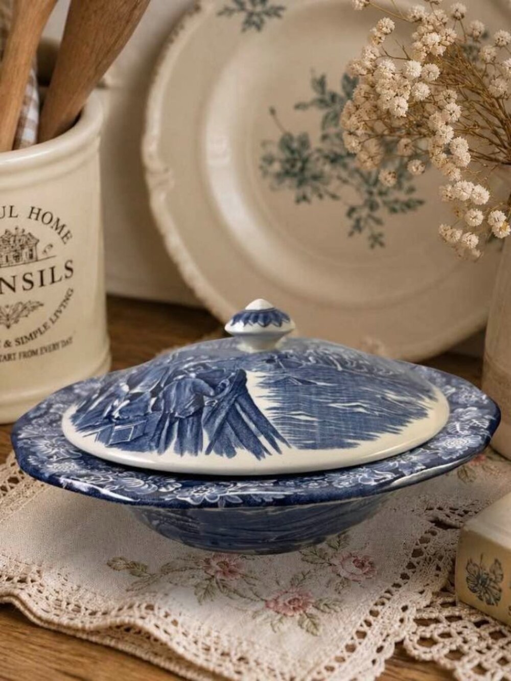 Liberty Blue Staffordshire Ironstone Covered Serving Bowl Boston Tea Party Desig